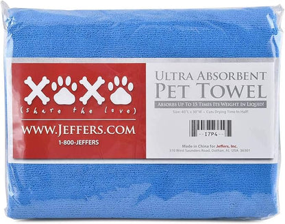 Jeffers Pet Ultra Absorbent Drying Towel for Small, Medium & Large Dogs & Cats, 40" x 30" Soft Microfiber Towel for Bath, Travel, Grooming, Crate, Car, Home Use, Machine Washable - Assorted Colors