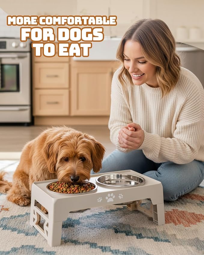 Elevated Dog Bowls for Small Dogs and Cats, Dog Feeder with 2 Thick 5.5" Stainless Steel Dishes, Non-Slip 2 Heights Adjustable to 2.6"-5.3"