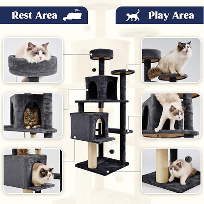 58 Inch Cat Tree Cat Tower for Indoor Cats Tall Cat Condos Scratching Post with Hanging Toy Furniture for Kitten Pets Play, Grey Black