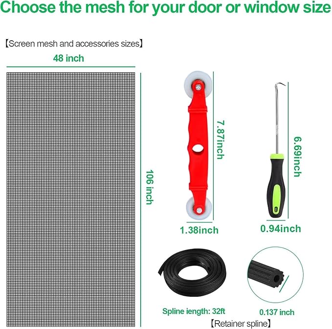 QWR Pet Proof Window Screens and Screen Door Replacement Kit, 59"x106" Durable High Hardness Vinyl Coated Polyester-Screen Repair Kit for Sliding Door,Patio and Windows.(Folded Package with Tool Kit)