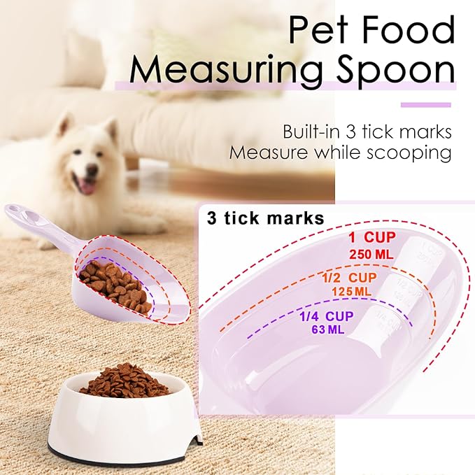 Melamine Pet Food Measuring Scoop, 1 Cup 1/2 Cup 1/4 Cup with Clear Measurement Lines for Dog, Cat, Bird, and Rabbit, Durable, Ergonomic Handle, Dishwasher safe-Orange & Purple