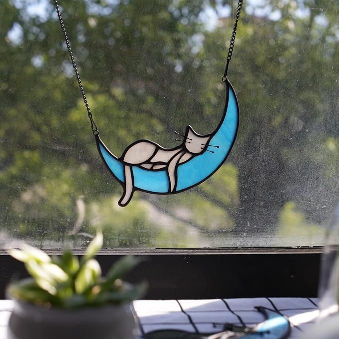BOXCASA Handcrafted Grey Cat on Moon Stained Glass Suncatcher - Decorative Window Hanging for Cat Lovers, Mothers Day for Women,Mom,Daughter,Wife