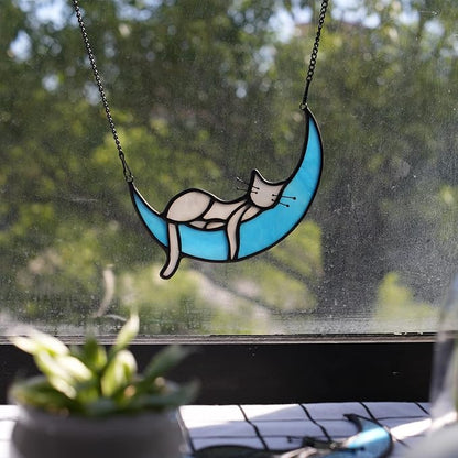 BOXCASA Handcrafted Grey Cat on Moon Stained Glass Suncatcher - Decorative Window Hanging for Cat Lovers, Mothers Day for Women,Mom,Daughter,Wife