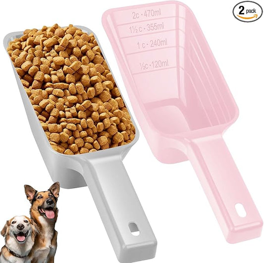 2 Cup Dog Food Scoop(2 Pack), Plastic Pet Food Scoop with Measuring Lines for Accurate Pet Food Portions,Dishwasher Safe (Grey and Pink)