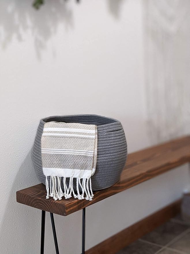 Goodpick Cute Round Cotton Rope Basket Woven Towel Baskets Bathroom Small Dog Toy&Cat Toy Storage Basket for Children Corner Plant Baskets Shelf Indoor, Gray, 10"D x 8.3"H