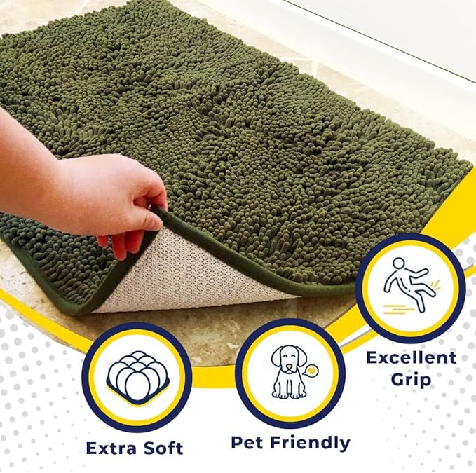 Muddy Mat® | Super Absorbent Door Mat Indoor, Microfiber Quick Dry Chenille Entryway Rug, Non-Slip Front Door Mat, Indoor Mats for Entryway, Machine Washable Pet Rug, Army Green 24"x60"