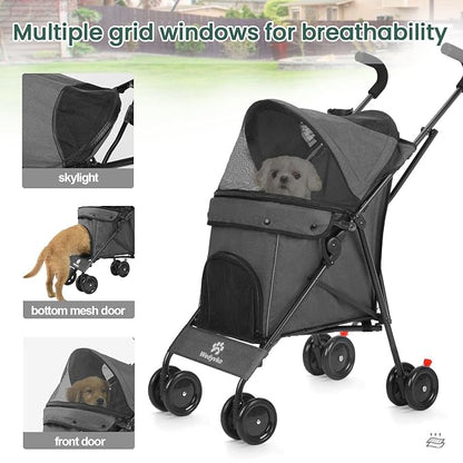 Wedyvko Umbrella Dog Stroller, Foldable Pet Stroller for Small Dogs Cats, with Carrying Strap and Cup Holder, Dog Poop Bags & Dispenser, Multicolor (Dark Grey)