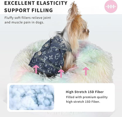 Fluffy Rainbow Dog Bed Extra Small Washable,Calming Dog Bed Rainbow for Small Dogs 15 inches Donut Soft Small Pet Bed,Anti Anxiety Round Fits up to 5 lbs Warm Comfort Pets Beds for Puppy Dogs Indoor