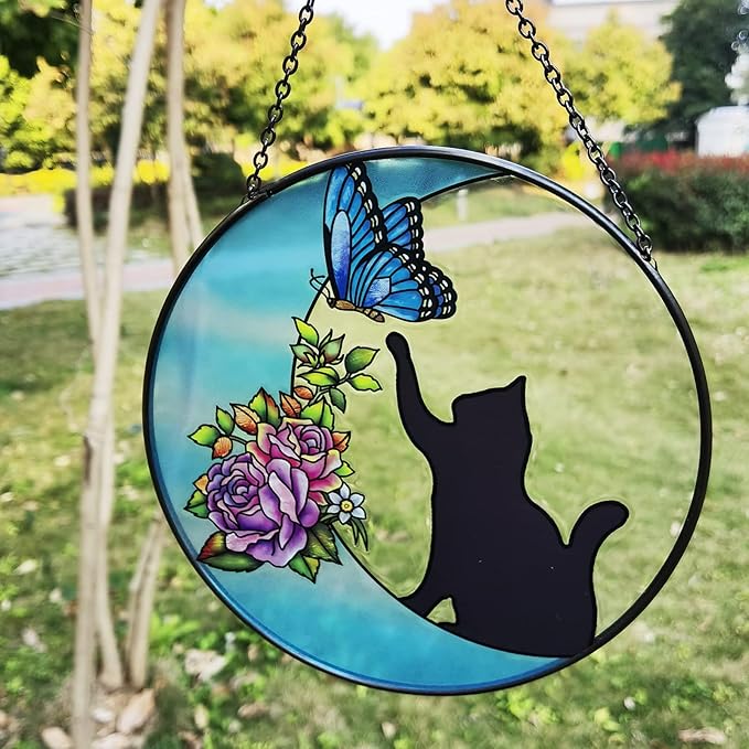 Cat Stained Glass Butterfly on Moon Gifts, Handcrafted Suncatchers for Stained Glass Window Hangings, Gifts for Cat Lovers
