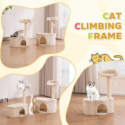Small Cat Tree Tower with Sisal Scratching Post for Indoor Cats, Cat Condo Cave House with Perch and Playful Toy Feather, Beige (20.27x12.4x29.5 inch)