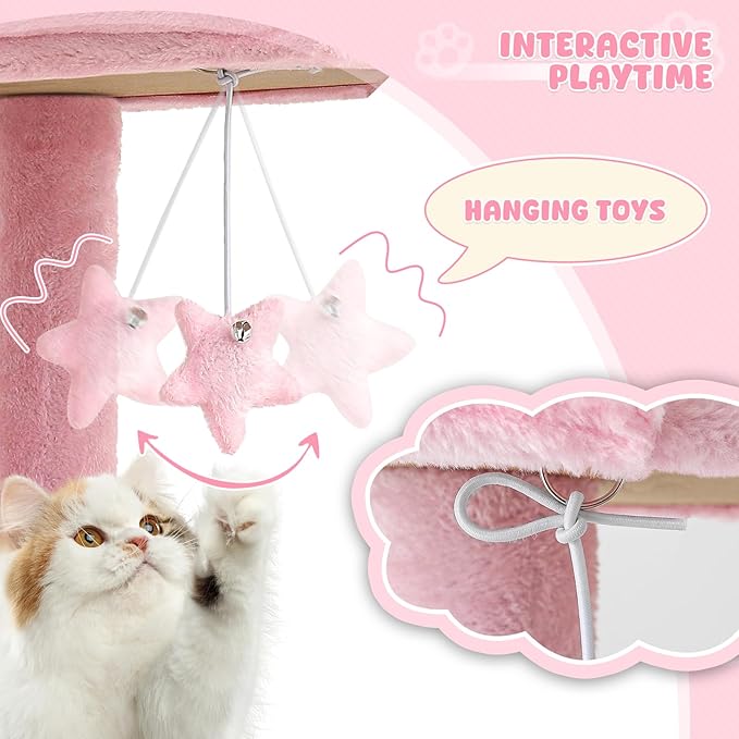 Magshion Cat Tree 60" Cats Tower for Indoor Cats, Multi-Level Cat Condo with Scratching Post, Top Perch, Sisal Board and Dangling Ball, Cat Stand Jumping Platform Kittens Pet Play House (Pink)