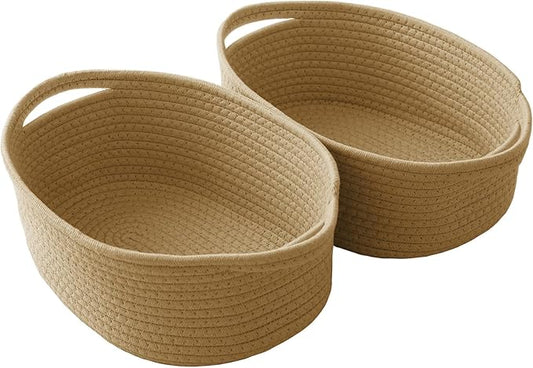 Woven Basket,Small Rope Storage Bin with Handles & Ribbon Bag, Organizer for Shelves Closets,Gift Basket Empty for Birthday,Books,Dog Toys, Jute/2 Pack