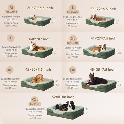 EHEYCIGA Orthopedic XXL Dog Bed for Large Sized Dog, 52x41x8 Inch Extra Large Memory Foam Dog Couch Bed with Sides, Waterproof Liner & Washable Removable Cover, Bolster Pet Sofa, Green