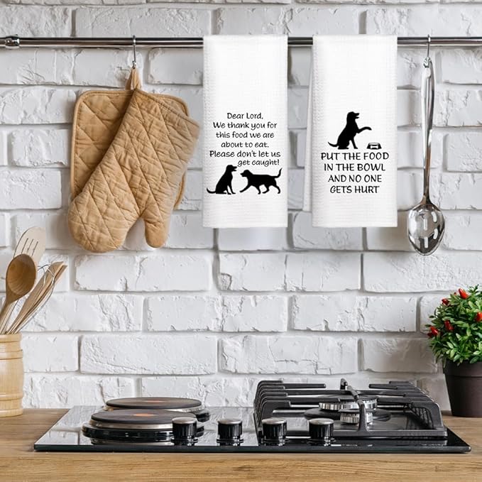 WUUCK00 2pcs Put The Food in The Bowl Funny Kitchen Towel, Cute Dog Mom Kitchen Decor Dish Tea Hand Towel, Housewarming Gifts for Pet Lover Dog Owners, Thanksgiving New Puppy Gifts for Family Friend