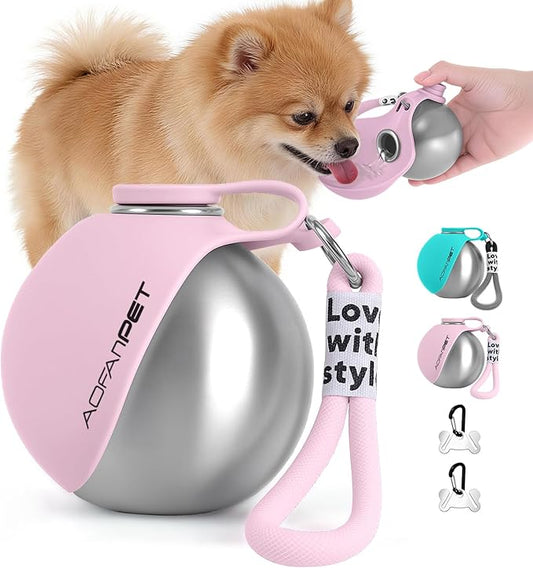 Portable Dog Water Bottle 10oz Stainless Steel Travel Dog Water Dispenser with Bowl No-Spill Puppy Water Bottle for Walking Hiking Small Dog Water Bottle, Includes Waste Bag Holder