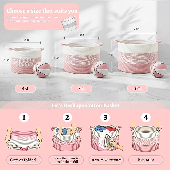 100L Large Cotton Rope Basket, Decorative Woven Blanket Storage for Living Room, Boho Toy Storage & Toy Box for Kids, Versatile Laundry Basket & Nursery Hamper for Blankets(Pink)