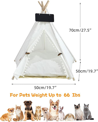 Pet Teepee, Portable Pet Tents for Small Dogs or Cats, Puppy Sweet Bed Washable Dog or Cat Houses with Cushion-White Flower Buds-M