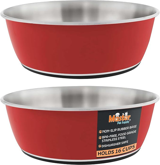 Master Pet Supply Stainless Steel Dog Bowls Set of 2 (128 Oz Each) with Non-Slip Rubber Base - Crimson Flame - Basic Dog Food Bowl Water & Food Bowls for Small Medium Large Dogs & Cats, Metal Dish