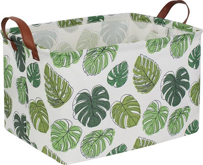 Rectangular Green Storage Basket, Waterproof Safari Nursery Box with Handles for Bedroom, Jungle Theme Gifts Basket, Momstera Decor(Leaf)