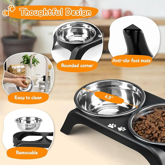 Elevated Dog Bowls for Small Dogs, 3” High Raised Dog Bowl Stand with Dual 5” Stainless Steel Bowls Non-Slip Pet Feeder for Puppy and Cats, Dishwasher Safe, Black