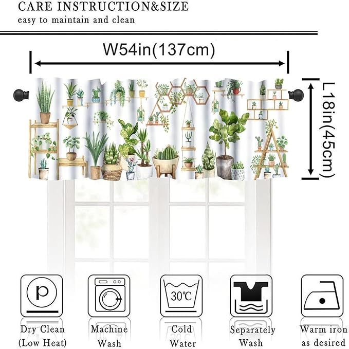Bohemian Flower Window Valance Curtains, Colorful Succulent Plants Watercolor Boho Floral Green House Plant Potted Flower Valance Curtain for Farmhouse Bedroom Living Room Kitchen 54x18inch