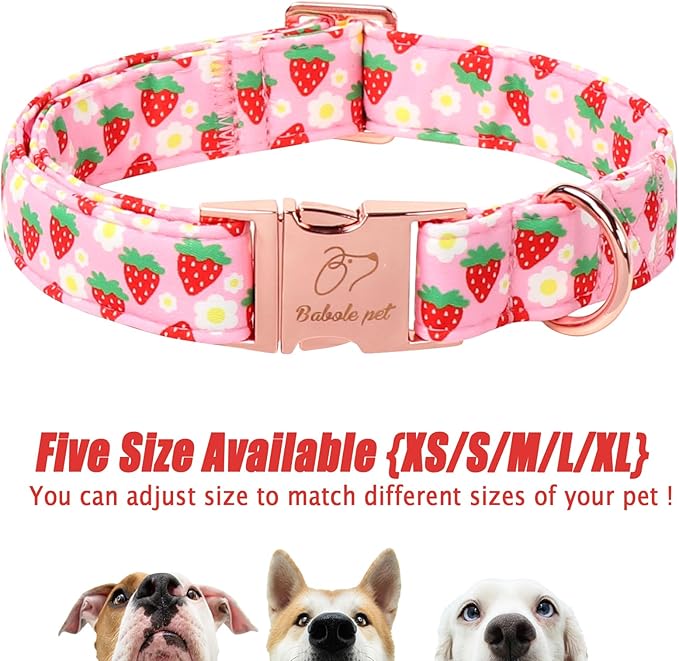 Strawberry Dog Collar for Large Dogs - Adjustable Spring Summer Pink Girl Dog Collars, Cute Girly Female Pet Collar with Metal Buckle L