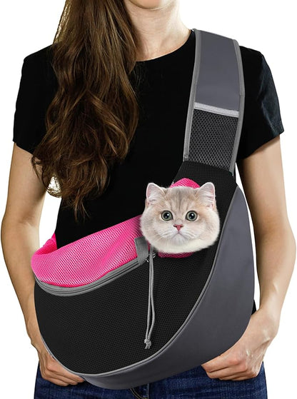 Pawaboo Dog Sling Carrier, Hand Free Breathable Mesh Bag for Puppy Cat, Drawstring Dog Papoose with Adjustable Strap and Pocket, Crossbody Satchel Dogs Purse for Outdoor Travel, S, Magenta