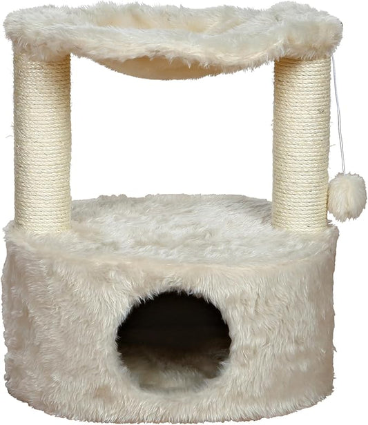 TRIXIE Baza Grande Cat Scratching Post 23,6 Inch - with Durable Sisal Rope and with Fluffy Hammock, Dangling Cat Toy & Cuddly Cat Cave - in Cream