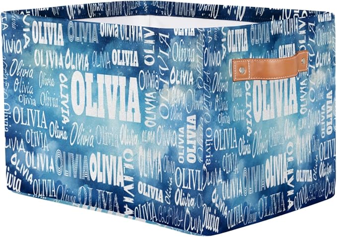 Custom Name Storage Bin, Personalized Rectangular Storage Basket with Handles for Organizing Boys Girls Toys Office Closet Shelf Baskets, Watercolor Blue Starry Night