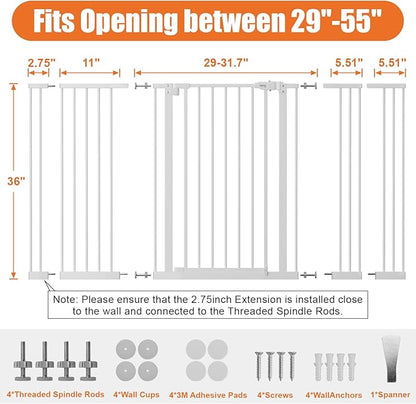 keny 36" Extra Tall Baby Gate for Stairs, 29"-55" Wide Auto Close Dog Gate for Doorways, Pressure Mounted Easy Walk Through Pet Gate with Door, White