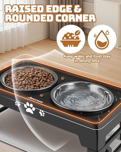 Elevated Dog Bowls with Mat for Small Dogs and Cats, Dog Feeder with 2 Thick 5.5" Stainless Steel Dishes, Non-Slip 2 Heights Adjustable to 2.6"-5.3"