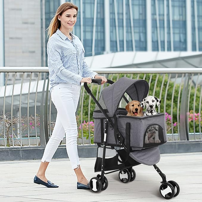 3-in-1 Folding Pet Stroller 3 Wheels Dog Cat Stroller with Detachable Carrier, Grey