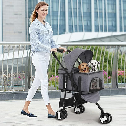 3-in-1 Folding Pet Stroller 3 Wheels Dog Cat Stroller with Detachable Carrier, Grey