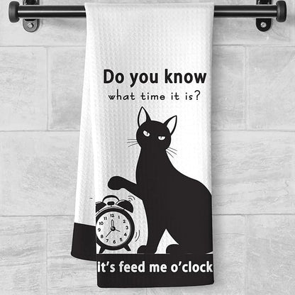 Cat Kitchen Towels - Funny Feeding Time Quick-Dry Implied Message Art Hand Towel, Decorative Dish Towel with Whimsical 'Meal O'Clock' Motif for Feline Ladies & Pet Parents | Crazy Cat Lady Gifts