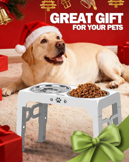 Elevated Dog Bowls, Non-Slip Dog Feeder with 1*Stainless Steel Dishes & 1*Slow Feeder Bowl, 5 Heights Adjustable Raised Bowls for 3.15″-8.66″-9.84″-11.02″-12.2″