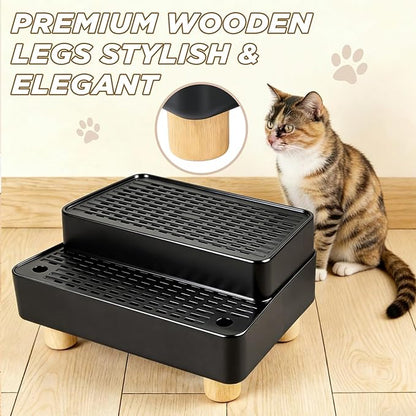 Adjustable 2 Steps Litter Box Ramp, Cat Litter Catcher Mat with Wooden Feet, Filter Function, Litter Box Step for Small & Elderly Cats, Fits Automatic Litter Boxes (Black)