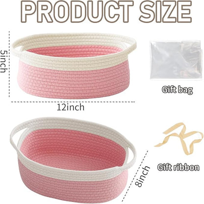 Woven Basket,Small Rope Storage Bin with Handles & Ribbon Bag, Organizer for Shelves Closets,Gift Basket Empty for Birthday,Books,Dog Toys, White&Pink/3 Pack
