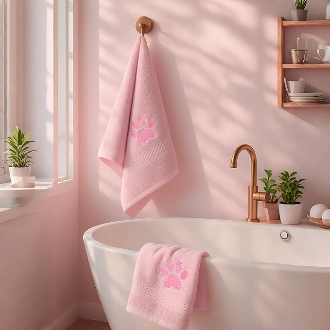 2 Pcs Dog Paw Hand Towels Pink Bathroom Decor 13 x 29 Inch 100% Cotton Embroidered Soft Hand Towels Absorbent Farmhouse for Kitchen Restroom