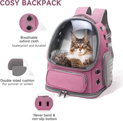 Cat Backpack Carrier, Breathable Cat Carrier Large Space Bubble Pet Backpack for Kitty Small Dog up to 12lbs, Transparent & Foldable Pet Carrier for Travel Hiking（Pink）