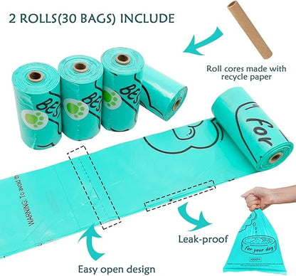 Dog Poop Waste Bags Holder with LED Flashlight|Cute Doggie Poo Bags Dispenser for Pet Leash|Trash Waste Bags Carrier with Potty Bags Clip Fastener LR44 Button Cells Included(2 Pack) (Crystal Blue)