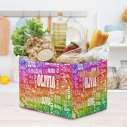 Custom Name Storage Bin, Personalized Rectangular Storage Basket with Handles for Organizing Boys Girls Toys Office Closet Shelf Baskets, Bright Colorful Rainbow Red Green Purple Sequins Glitter
