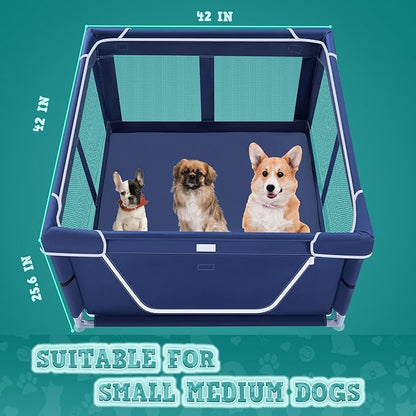 42x42 Inch Puppy Playpen with Cover, Dog Playpen for Puppies or Small Dogs, Pet Fence for Indoor & Outdoor, Sturdy Safety DogPen with Thickened Fabric, High-Strength Nylon Wire Mesh, Blue