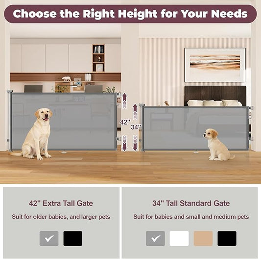42" Extra Tall Retractable Baby Gates for Stairs, 76" Wide Dog Gate Indoor Outdoor for Doorways Deck Kitchen, Long Mesh Safety Gate for Child Toddler, Prevent Pet from Jumping Over, Grey
