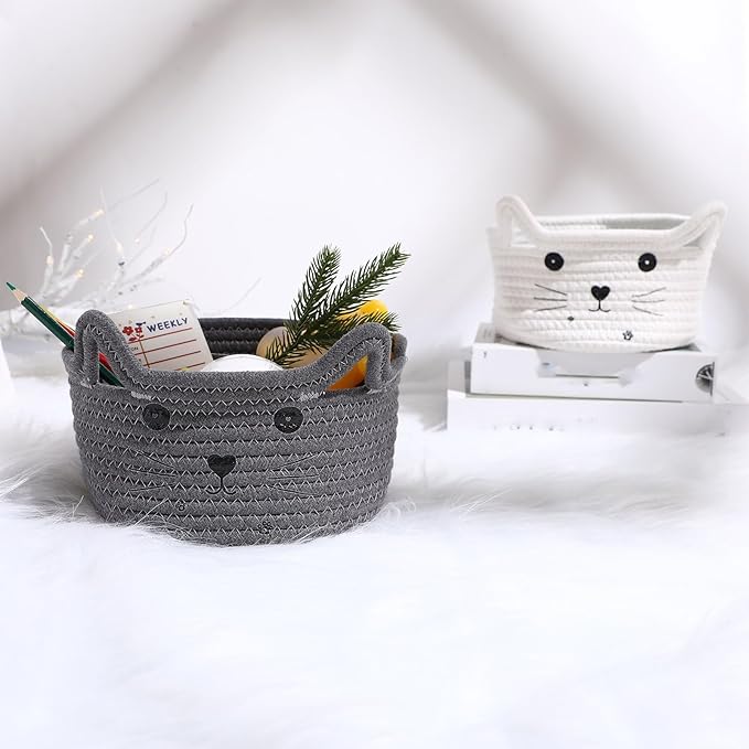 Zopeal Cat Basket Storage Woven Organizer with Ears Easter Decorative Pet Toy Cute Cotton Rope Basket for Gift Cat Dog Toy Bin Nursery Room(8.3 x 4.7 Inch,Gray)