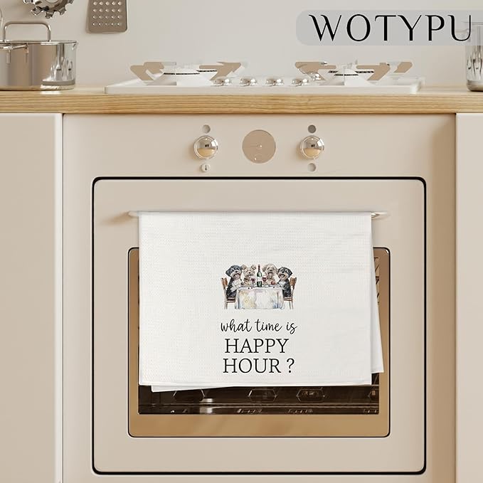 Funny Dog Gift Kitchen Towels, Dog Gifts for Women Men Dish Tea Towel, What Time is Happy Hour Hand Towels for Kitchen Dining Room Decor, 16x24 Inch