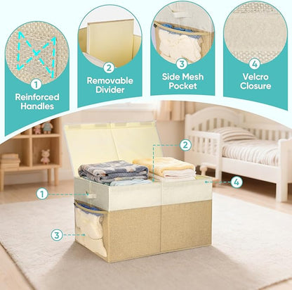 BALEINE Fabric Storage Bins with Lid, Collapsible Extra Large Storage Boxes Bins Baskets with Divider for Home Organizing (25"x13"x16", Khaki&Beige)