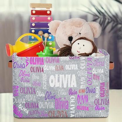 Custom Name Storage Bin, Personalized Rectangular Storage Basket with Handles for Organizing Boys Girls Toys Office Closet Shelf Baskets, Silver Glitters Print