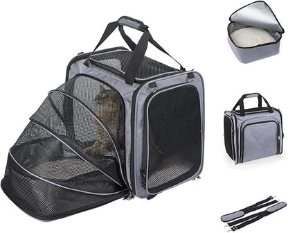Large Cat Carrier with Litter Box, Expandable Cat Carrier for Car Travel, 17.3"x16.2"x13" Soft-Sided Pet Carrier, Collapsible Pet Carrier for Car Travel with Lockable Zippers for Medium Large Cat