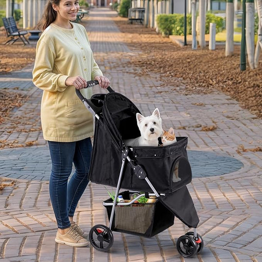LEMY 3 Wheels Pet Dog Cat Stroller for Small Medium Dogs Cats,Black Foldable Jogger Travel Puppy with Detachable Carrier