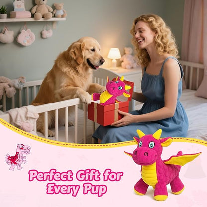 Squeaky Dog Toys - Soft Plush Dragon Dog Toy with 5 Squeakers & Crinkle Paper, Dog Toys for Small, Medium and Large Dogs (Pink,10")
